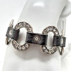 Vintage Premier Designs, Silver, Crystal And Black Leather Bracelet